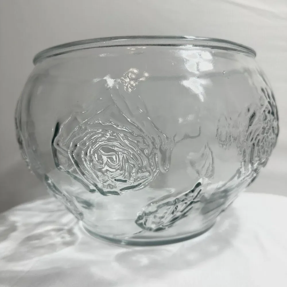 Punch Fruit Bowl Glass Clear Embossed Rose Design Party/Holiday Décor